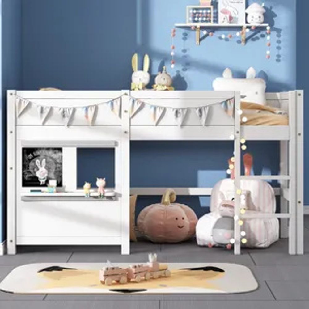 Merax Hochbett 90x200cm mit Rausfallschutz und Lattenrost, Etagenbett mit 2 Tafeln, Kinderbett mit Leiter, Kieferholzbett Spielbett Jugendbett, Weiß