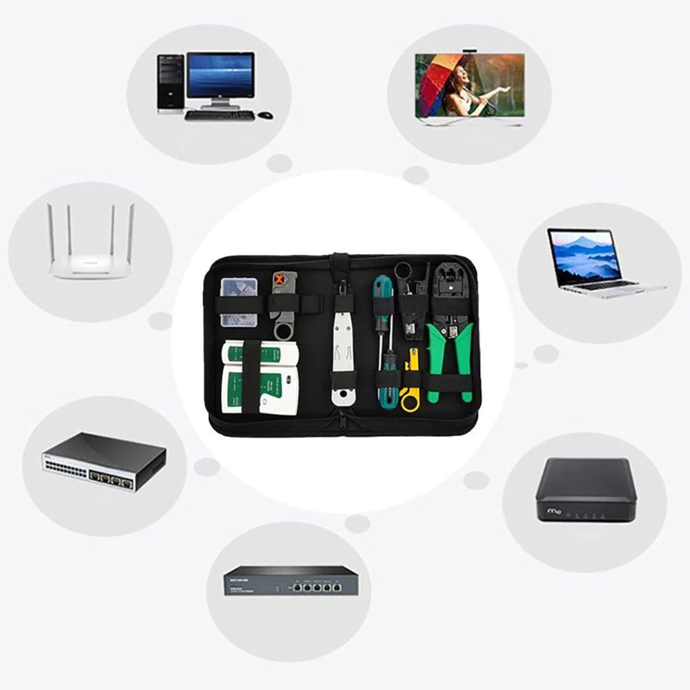 Netzwerk Werkzeug Set Etui LAN Kabel Tester RJ45 RJ1 Kabeltester Kit Auflegewerkzeug Patchkabel Reparaturwerkzeuge Haushalt Computer DSL 9in1 Retoo