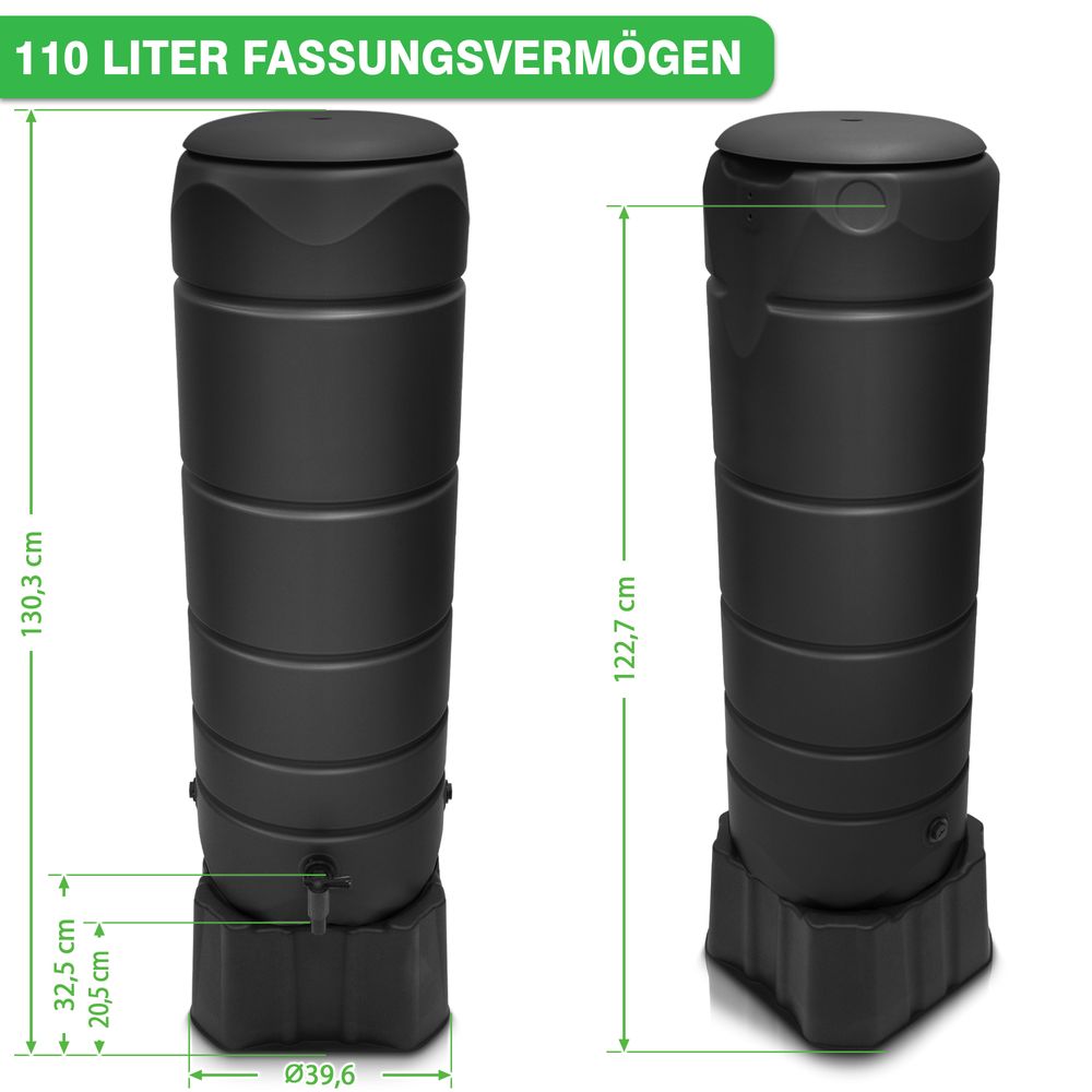 YourCasa Regentonne [CircleTower] 110L mit Standfuss, Deckel & Wasserhahn - Regenfass Frostsicher aus Kunststoff