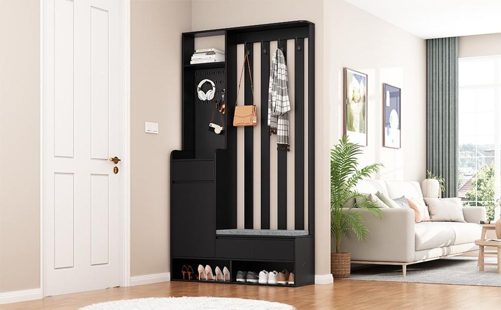 Merax Flurgarderobe mit gepolsterter Aufbewahrungsbank, Garderobe 6-in-1-Dielenbaum mit Sitzbank, Stecktafel, Schubladen & Kleiderhaken