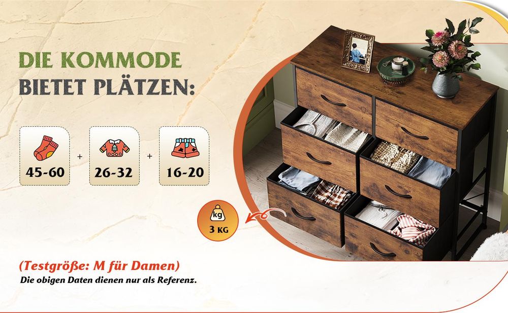 Kommode mit 6 Schubladen aus Stoff, Holzplatte ,Breit 80 cm, moderne Kommode, 6), für Wohnzimmer, Schlafzimmer