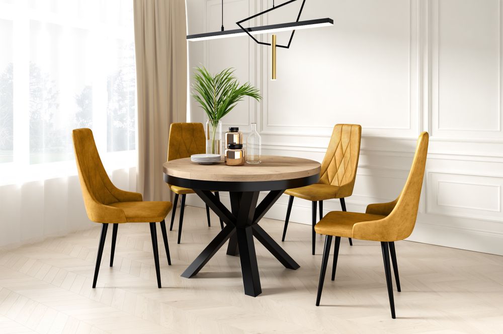 Runder Ausziehbarer Tisch für Esszimmer RAL mit Ring-Gestell, Loft-Stil, Industriel, Durchmesser: 120 / 220 cm, Farbe: Eiche Craft Gold / Schwarz