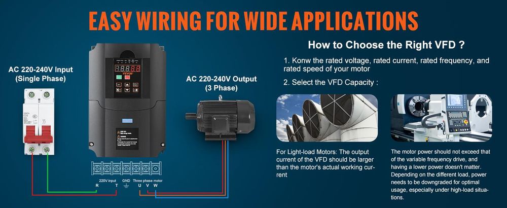 VEVOR VFD 10HP, 7,5KW, 35A, 1 oder 3 Phasen 220V Eingang zu 3 Phasen 220V Ausgang Frequenzumrichter, 40-60Hz Eingang, 0-400Hz Ausgang VFD für Spindelmotor CNC Geschwindigkeitsregelung, 7.5KW, 220 V