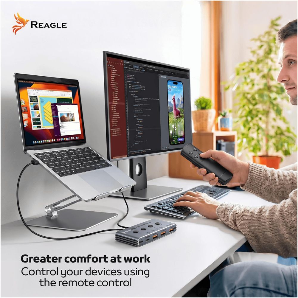 USB 3.2 10 Gbit/s KVM-Switch 4x4 mit Fernbedienung, 4 USB-Anschlüsse, Hub-Adapter von REAGLE