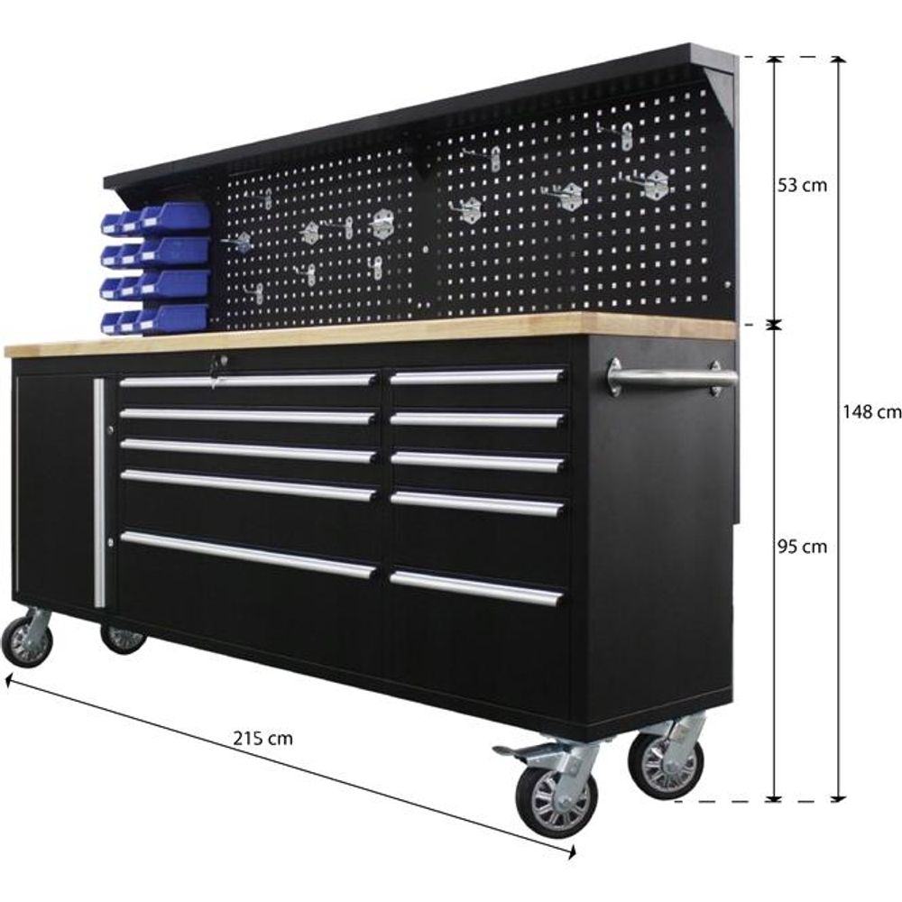 LUXTOM | Werkbank mit Lochwand, 148x52x213cm, Werkstatttisch, Arbeitstisch, Werkstattwagen, Werkzeugwagen, Mobiler Arbeitstisch