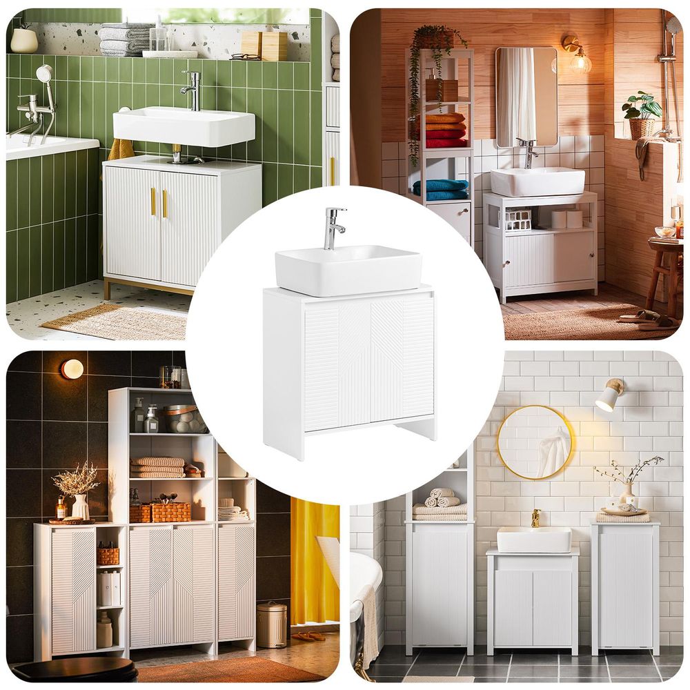 SoBuy Waschbeckenunterschrank 60cm Badezimmerschrank Badmöbel mit verstellbaren Regalen feuchtigkeitsbeständig Waschbecken für kleine Bäder BZR157-W