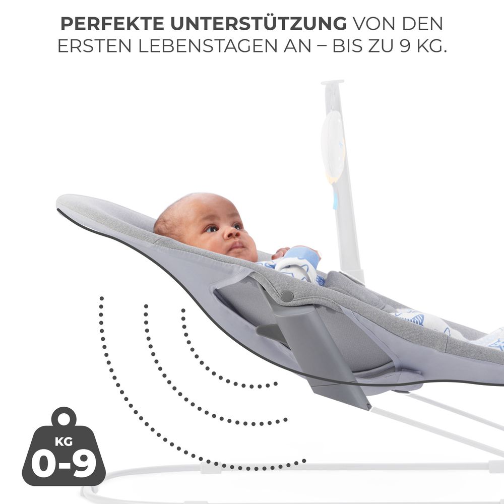 Kinderkraft CALMEE Babyliege - Natürliches Schaukeln - 3-Punkt-Gurt - Leicht & Stabil - Spielbügel - Weicher Sitz - Leicht zu Reinigen - Grau