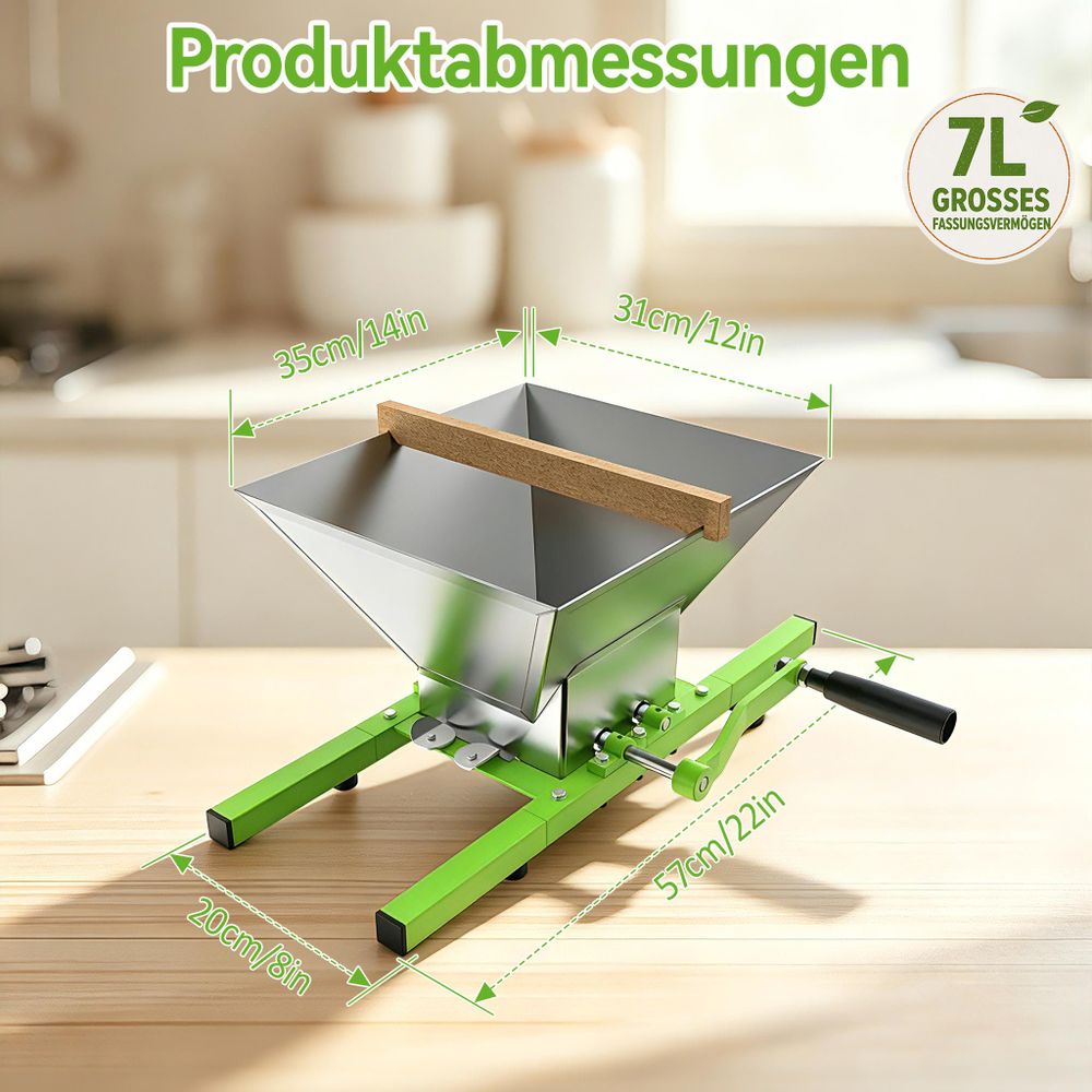 ROSEJANE Obstmühle manuell, 7 L Edelstahl-Trichter, Obsthäcksler mit Handkurbel für Äpfel, Birnen, Trauben & Beeren, für Obstpressen