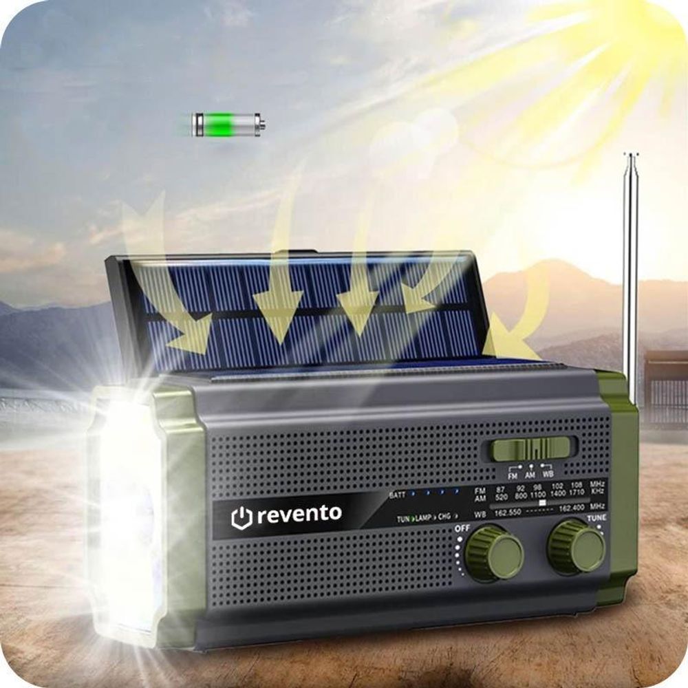 REVENTO® Solar Radio Solar Kurbelradio mit LED-Taschenlampe, Notfallradio AM/FM Wetter, 5000mAh Akku, Handkurbel-Dynamo, Powerbank für Smartphone
