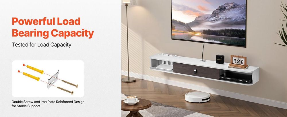 VEVOR TV-Schrank Wandhalterung, Schwebender Fernsehständer mit Stauraum für DVD-Player, Kabelbox, Spielekonsole, Wandschrank belastbar 52 kg, Weiß, Länge 140 cm