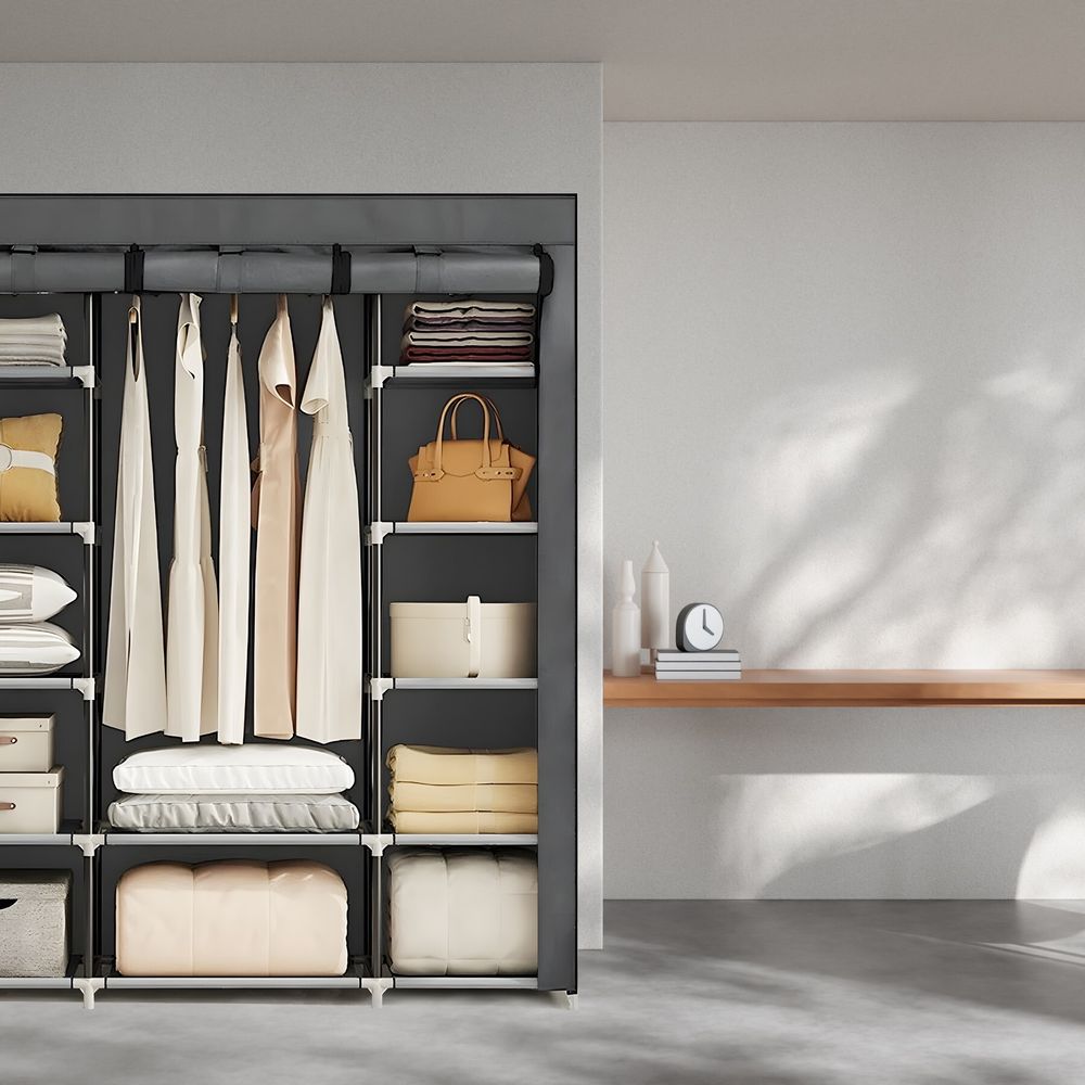 Faltschrank Kleiderschrank aus Stoff mit 2 Kleiderstangen und Ablagen 148x42x172,5 cm Schrank mit Reißverschluss Stoffschrank Faltbar Grau Retoo