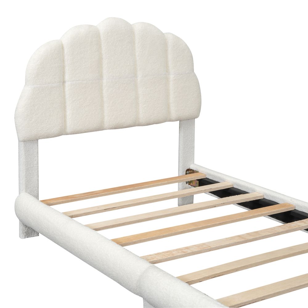 MODFU Polsterbett Kinderbett 90 x 200 mit halbkreisförmige Kopfteil,Flachbett,Jugendbett mit Lattenrost,Klassische Bett,Plush,Weiß(ohne Matratze)