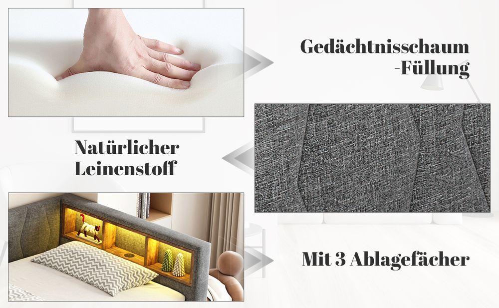 okwish Schlafsofa Tagesbett 90*200cm, Daybett- Ablagefach, USB+Typ C für LED-Umgebungslicht, Bett mit zwei Schubladen,(ohne Matratze), Grau