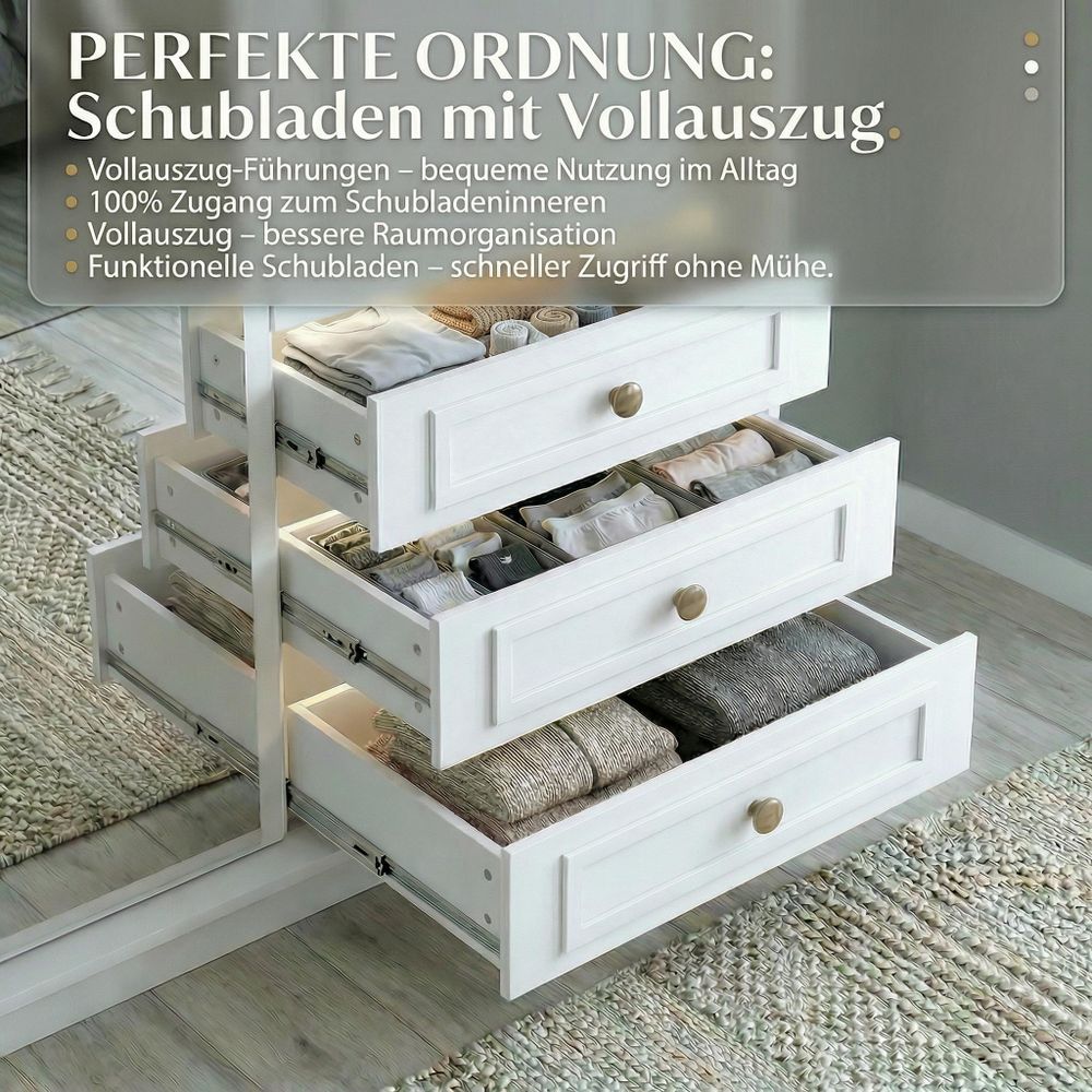 Geräumiger viertüriger Kleiderschrank OSLO mit Schubladen und Metallgriffen – modernes Design Farbe: Weiß