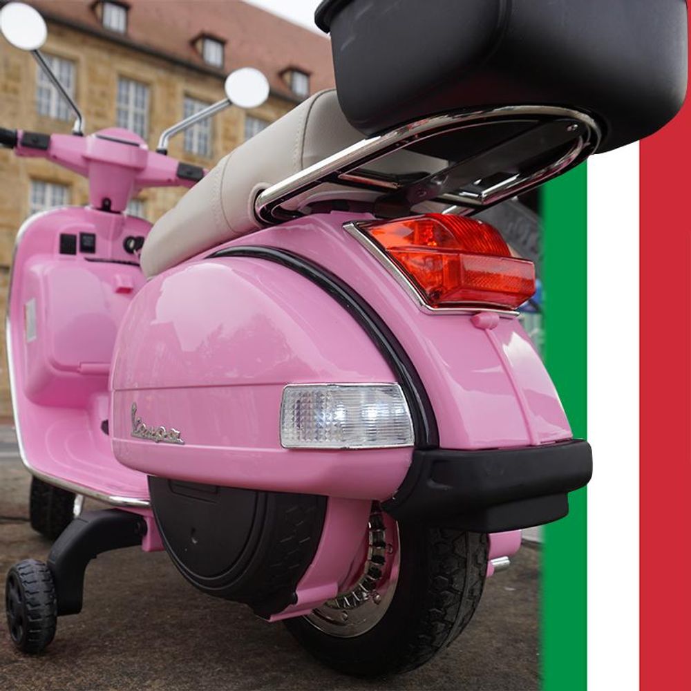 Kinder Elektro Roller Vespa | Mit Stützrädern - Scheinwerfer - Koffer zum Öffnen - Kinder Fahrzeug elektrisch - Hupe & Musik - Ab 3 Jahre (Pink)