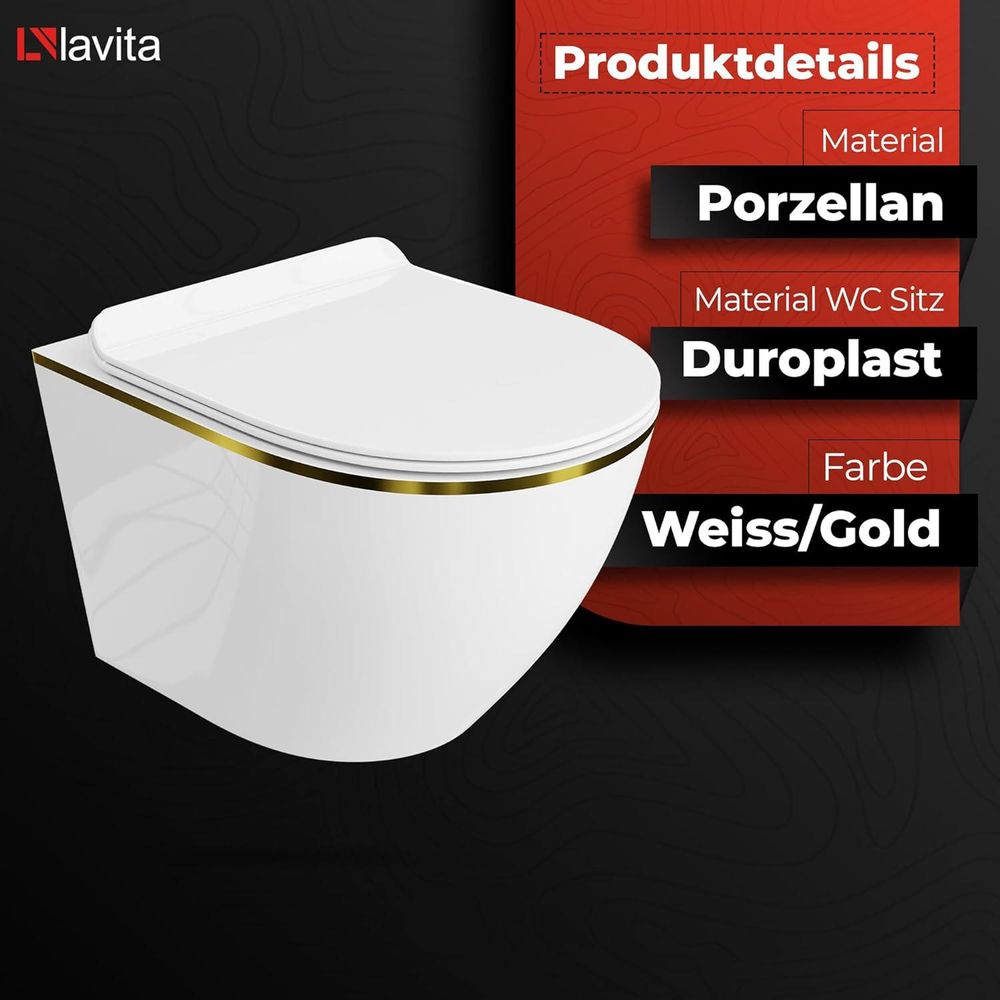 LAVITA Wand-WC Sofi Slim Gold Line|Hänge Toilette |mit Absenkautomatik & Metallscharniere | Toiletten Spülrandlos Hängend| Toilettenbecken | Weiß/Gold