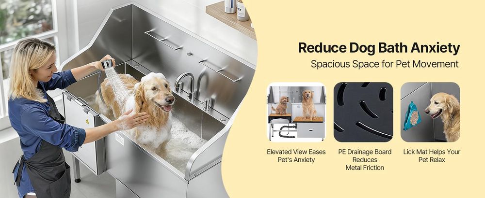VEVOR 304 Edelstahl Hundewaschstation, 154,9 cm Haustierpflegebadewanne mit rutschfester, flacher Rampe, Stauraumschublade, Warm- und Kaltwasserhahn, All-in-One-Bad für den Friseursalon, geeignet für alle Größen (Rechte Tür), 61 Zoll-Rampe-Rechts