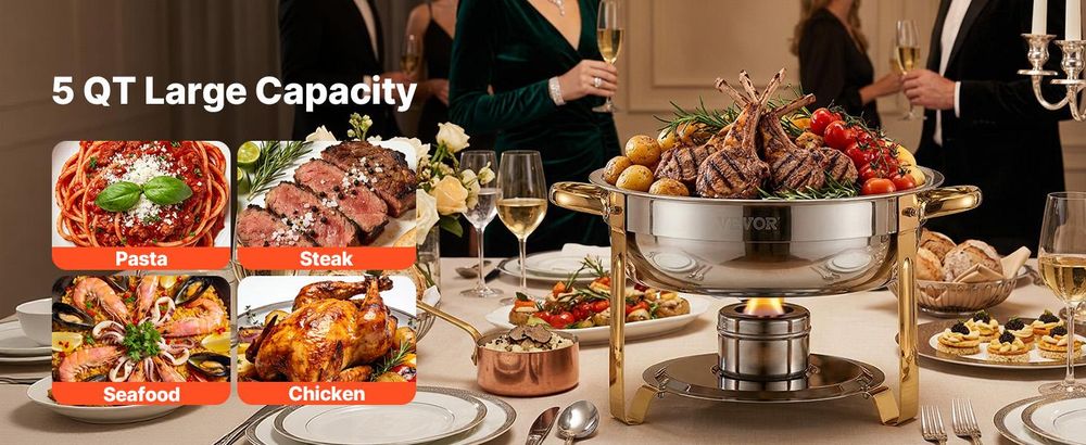 VEVOR Warmhalteteller Buffet Set, 5 Qt 2er Pack, Edelstahl Chafing Dish mit 2 Vollformat-Pfannen, runder Catering-Wärmer mit Glasdeckel, Wasserpfanne, klappbarer Ständer, Brennstoffhalter, für Hochzeitsfeiern, Bankett, Silber, Goldene-4pcs