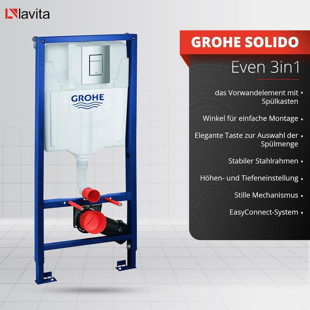 GROHE Vorwandelement Solido + Wand Hänge WC Sofi Weiß Spülrandlos + WC-Sitz SoftClose | Verchromter Knopf | Komplettset | Unterputz Spülkasten | Toilette Komplett Sett