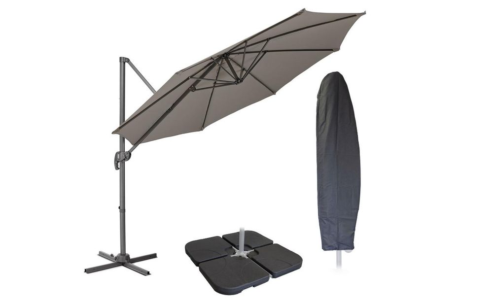 Sonnenschirm mit Abdeckhaube und Sonnenschirmständer