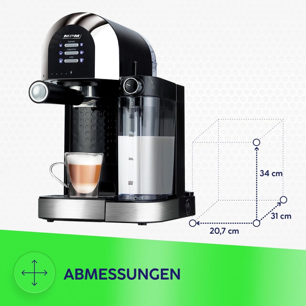 MPM Siebträgermaschine 15 Bar Espresso Kaffeemaschine Cappuccino Latte Thermoblock Milchsystem Milchaufschäumer 1100W MKW-14M