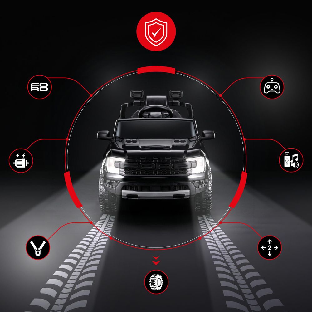 Vista frontale della Ford Raptor con icone di sicurezza e controllo parentale.