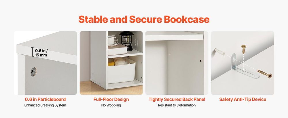 VEVOR Bücherregal mit 8 rechteckigen Fächern und höhenverstellbaren Einlegeböden, 180 cm hohes vertikales Holzregal, Wohnzimmer, Schlafzimmer, Weiß