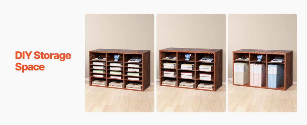 VEVOR Literaturorganisator, 5 Fächer Büropostfach mit verstellbaren Regalen, Holzpostsortierer aus mitteldichtem Faserboard für Büro, Zuhause, Klassenzimmer zur Aufbewahrung von Dateien, Dokumenten, Papieren, Grau, Dunkelbraun-b, 24 Fächer-a