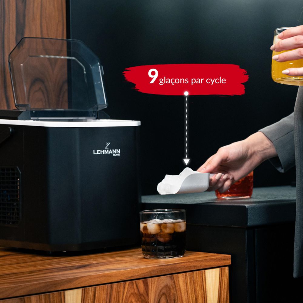 LEHMANN Machine à Glaçons - 9 Glacons en 6-8 Minutes, 2 Tailles de Glacons, 12kg en 24h