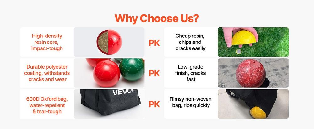 VEVOR Bocce Ball Set, 107 mm, mit 8 Harzkugeln, Pallino, Tragetasche und Maßband, Rot und Grün 2 Farben, für 2 bis 8 Spieler, Bocce Ball Spielset für Strand, Rasen, Familiengarten, im Freien, 2 Farben, 107 mm