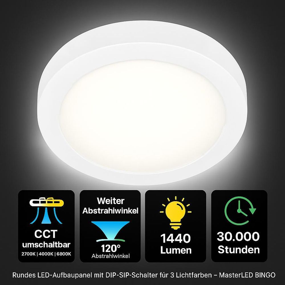 Rundes LED-Panel 18W, 1440 Lumen, 3 Lichtfarben, 120° Winkel, 30.000 Std. Lebensdauer.