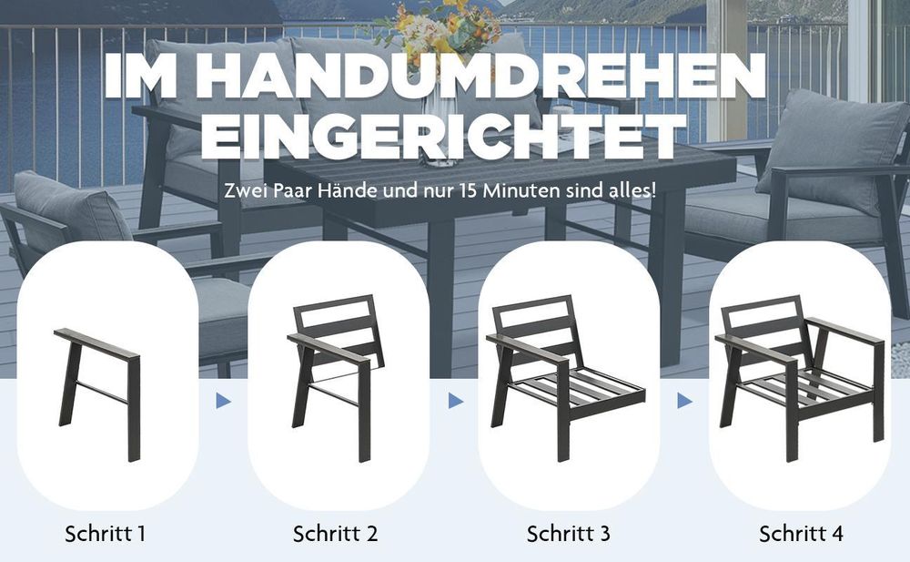 MeXo Gartenmöbelset Aluminium, 4 Personen, Ergonomische Rückenlehne mit Kissen & Couchtisch, Indoor Outdoor Balkon Garten (Sitzgruppe, grau)