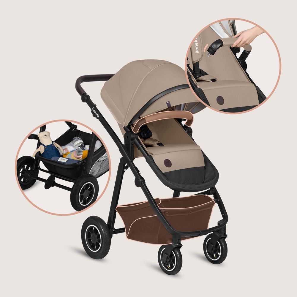 Lionelo Bianka 3in1 Kinderwagen, Autotransporter, Autositz, klappbar, Travel System Rückenlehne verstellbar 360o Räder Polsterung, Verdeck XXL-Beige