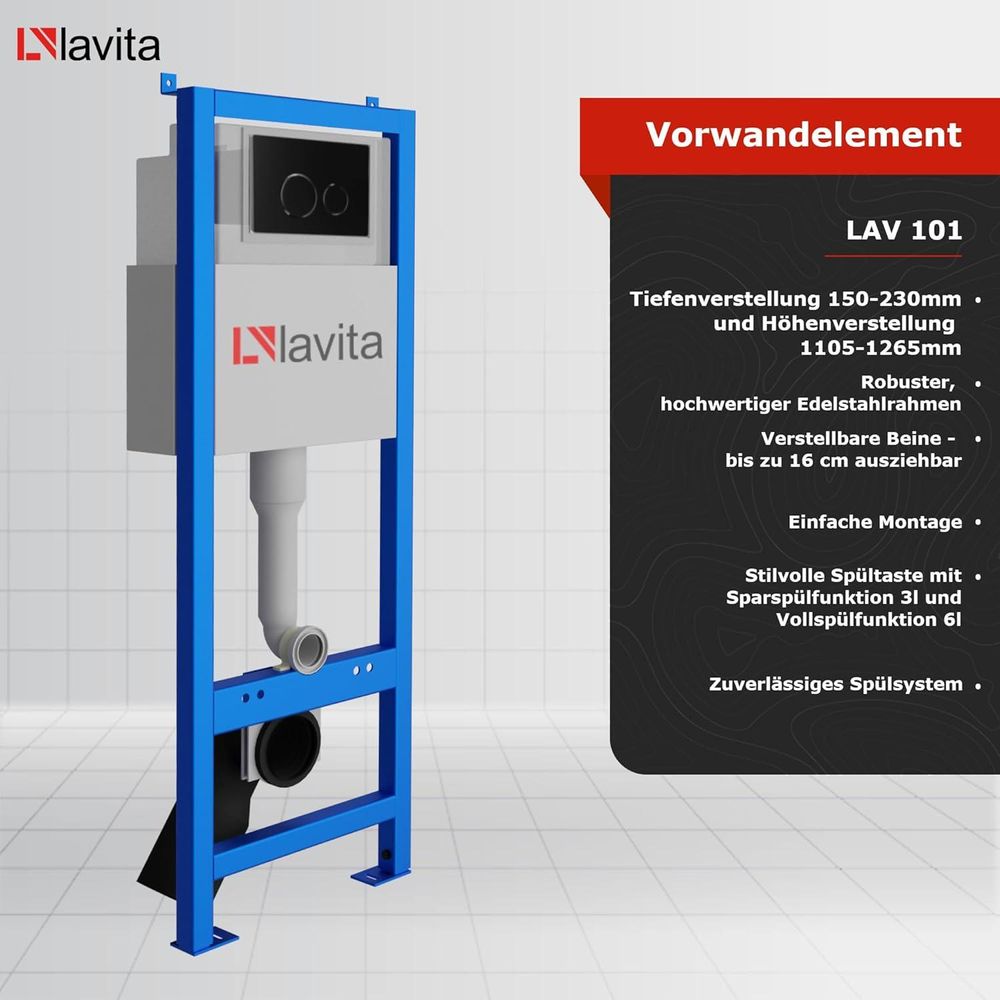 Lavita LAV 101 Vorwandelement für WC 40cm + Wand Hänge Tiefspül WC PRAIA Schwarz Spülrandlos + Bedienplatte LAV 200.4.4 Schwarz | Komplettset | Unterputz Spülkasten | Toilette Komplett Sett
