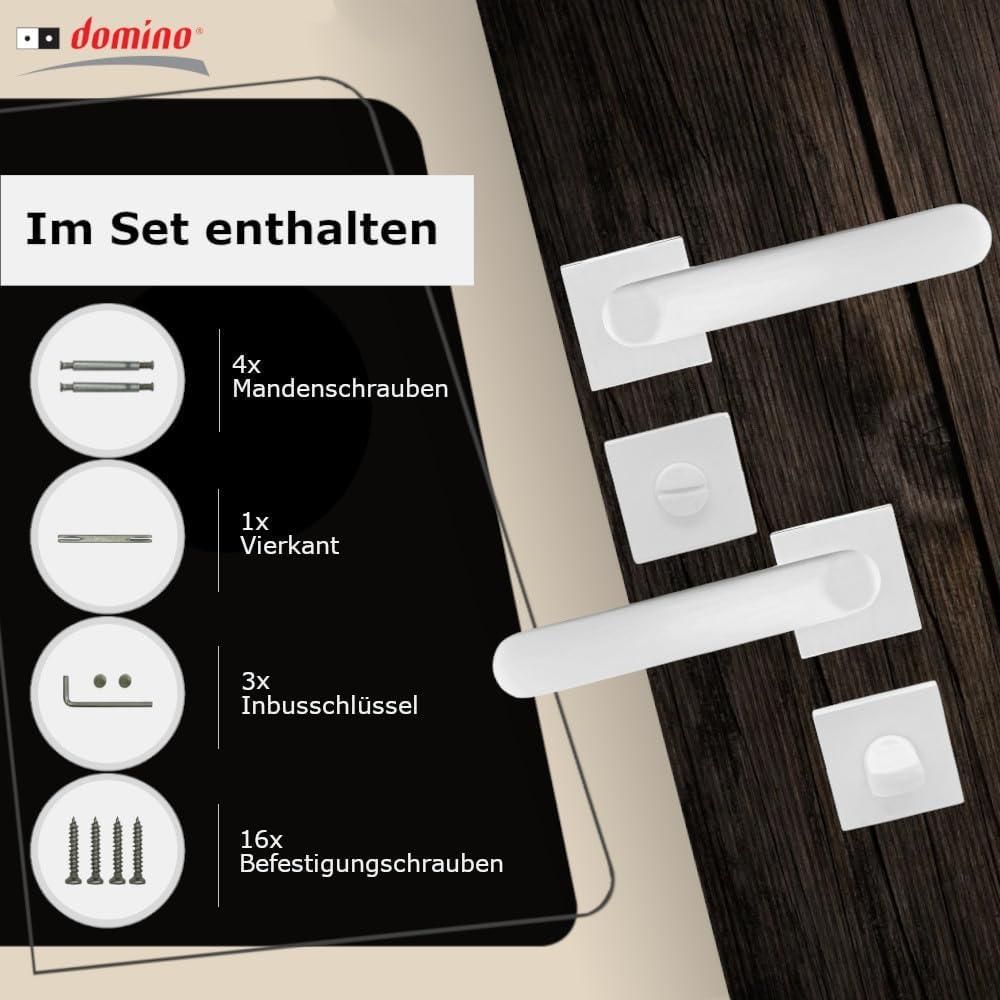 DOMINO Türgriff Drückergarnitur WC - Badezimmer Set | quadratische Rosette | für Badezimmertüren | Set WC - Rosetten-Garnitur | Türbeschläge aus Aluminium  |Weiß Türdrückergarnitur | DENVER-QR SLIM WHITE