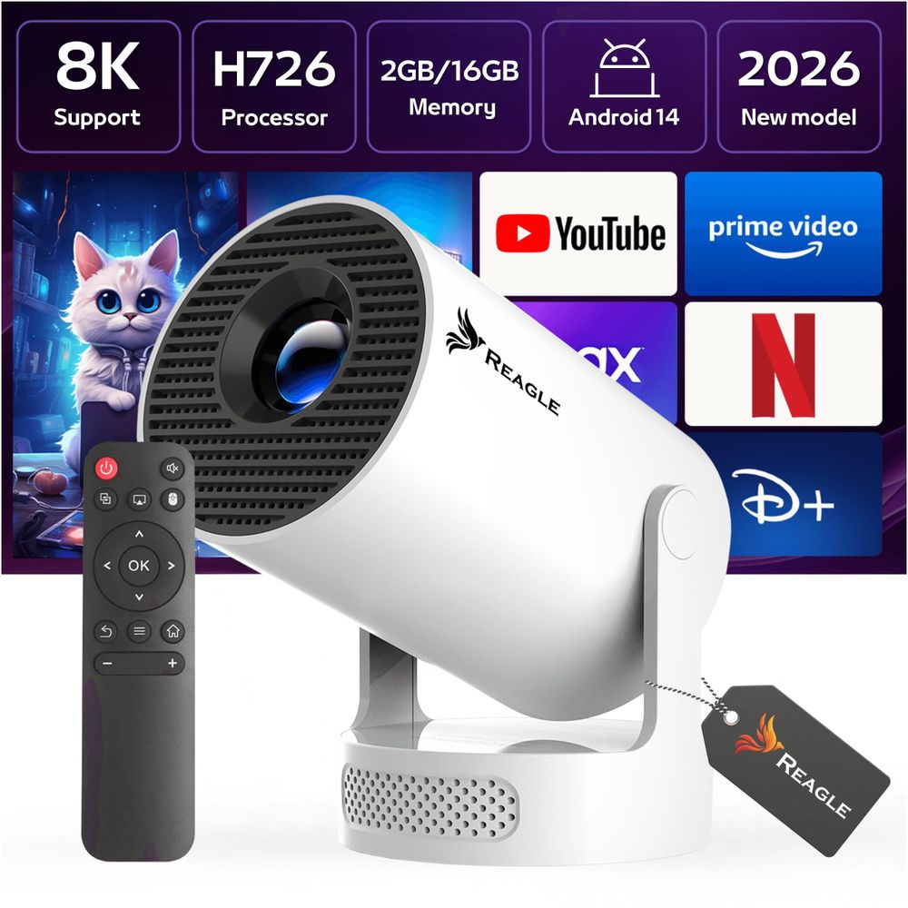 Mini-Projektor Led-Projektor Android 14 Tragbarer 4K Smart Tv Wifi 180° Drehung Eingebauter Lautsprecher Unmodell 2026 Reagle