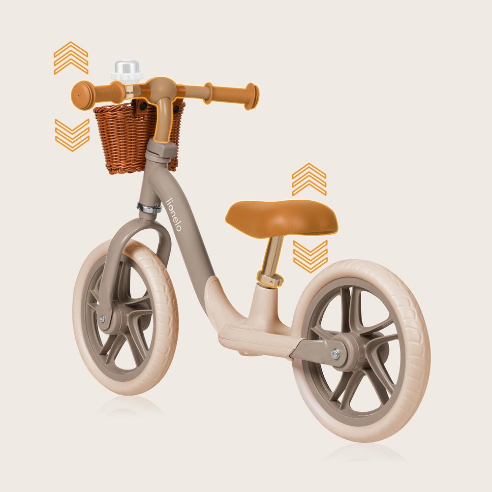 Lionelo Alex Plus Laufrad Kinder Fahrrad bis 30 kg Sattel und Lenker einstellbar 12 Zoll Eva Schaumräder Korb und Glocke Beige