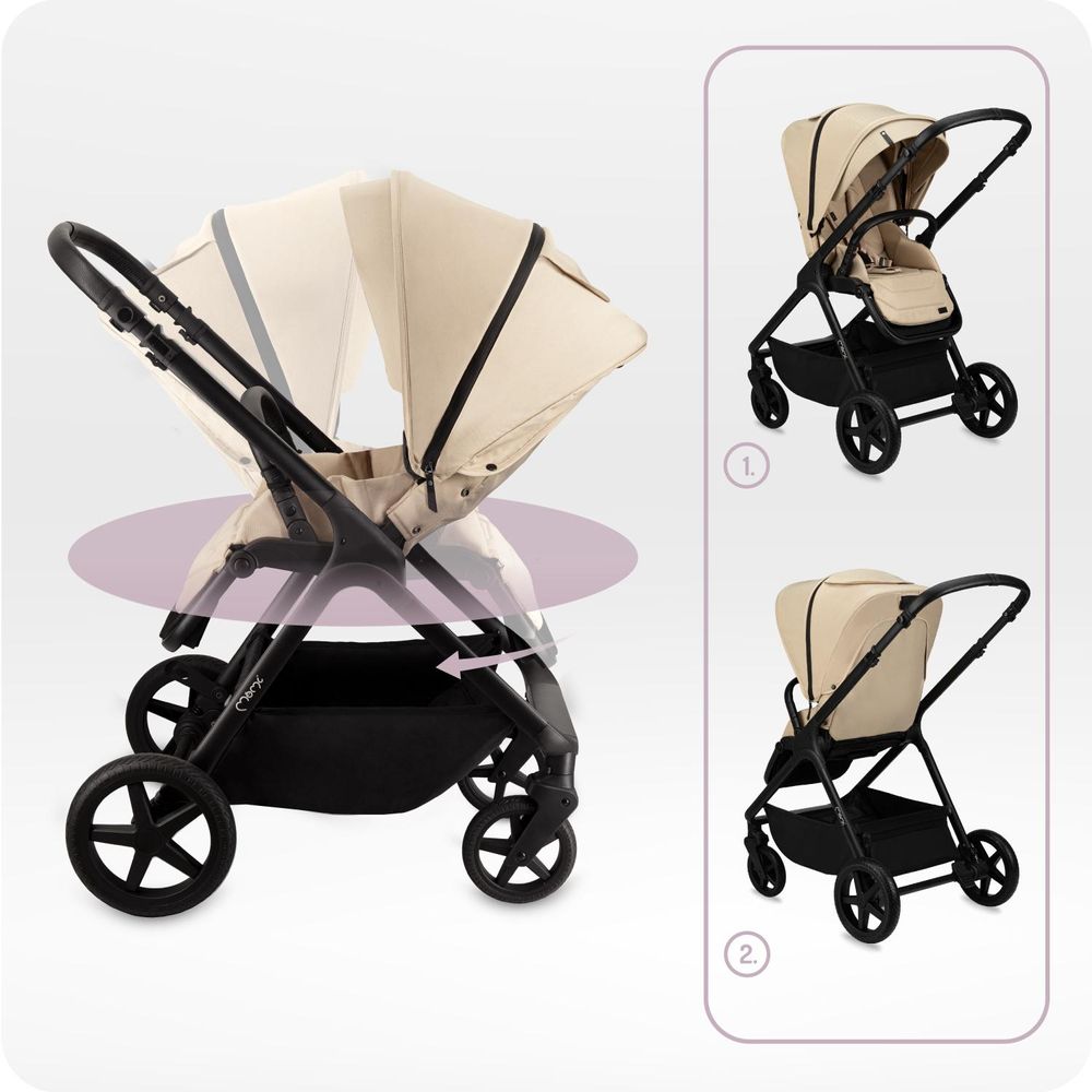 MoMi GISELLE – 2-in-1 Kombikinderwagen mit umkehrbarem Sitz, verstellbar, inkl. Zubehör, XL-Dach & Wickeltasche – Beige