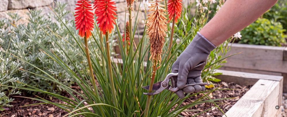 Verblühter Stiel wird mit der Gartenschere abgeschnitten