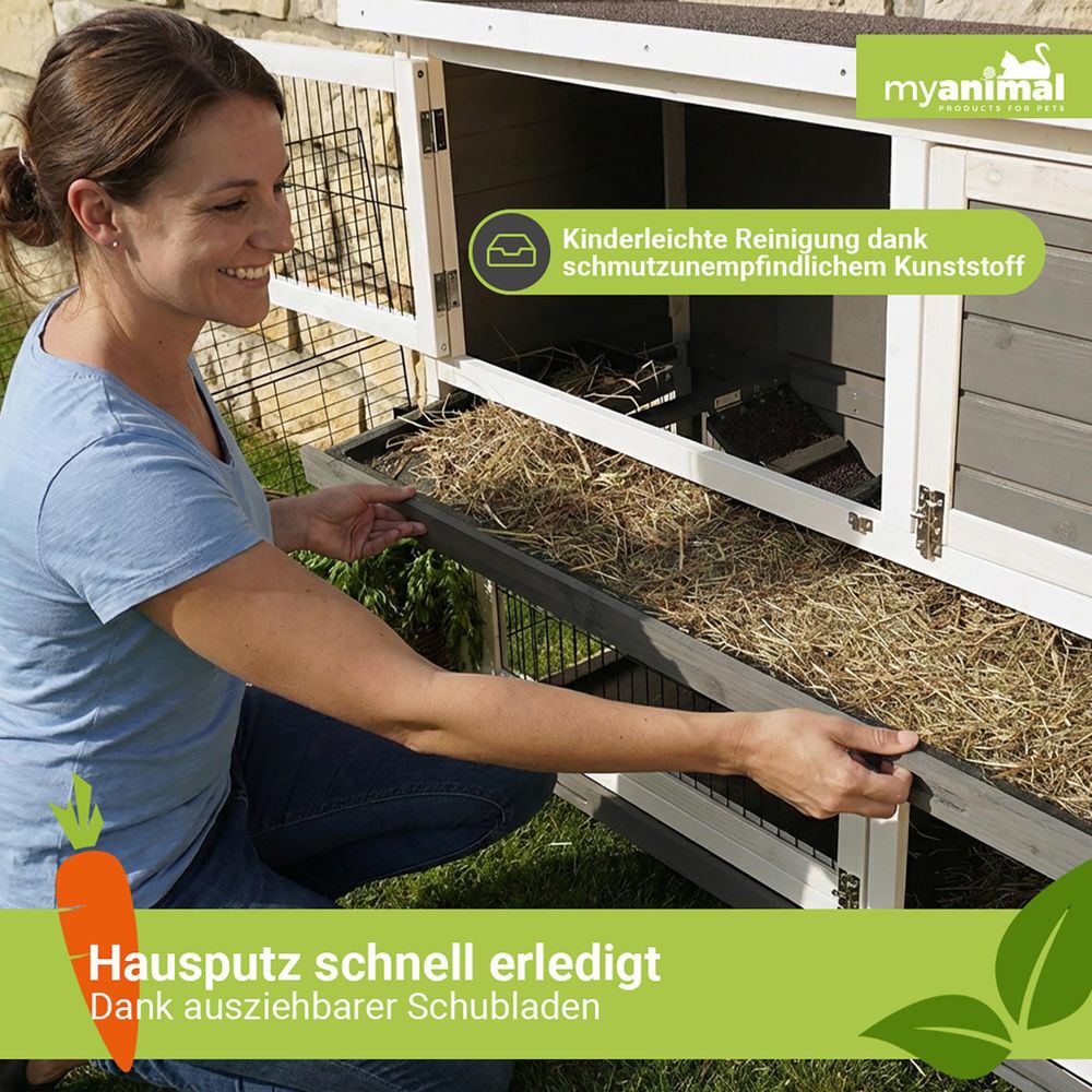 MyAnimal Hasenstall MH-20 | Hasenkäfig - Kaninchenstall - 4 Türen - Kleintierstall für Kaninchen und Hasen - Dach zum Öffnen - Zweistöckig (Grau/Weiß)