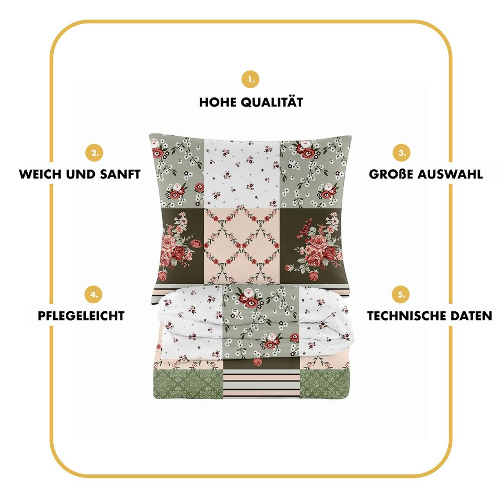 Bettwäsche - 200x200 cm - Bettbezug und Kissenbezügen Set - Blumiges Karomuster - Mikrofaser Baumwolle - 2 Kissenbezüge 70x80 cm