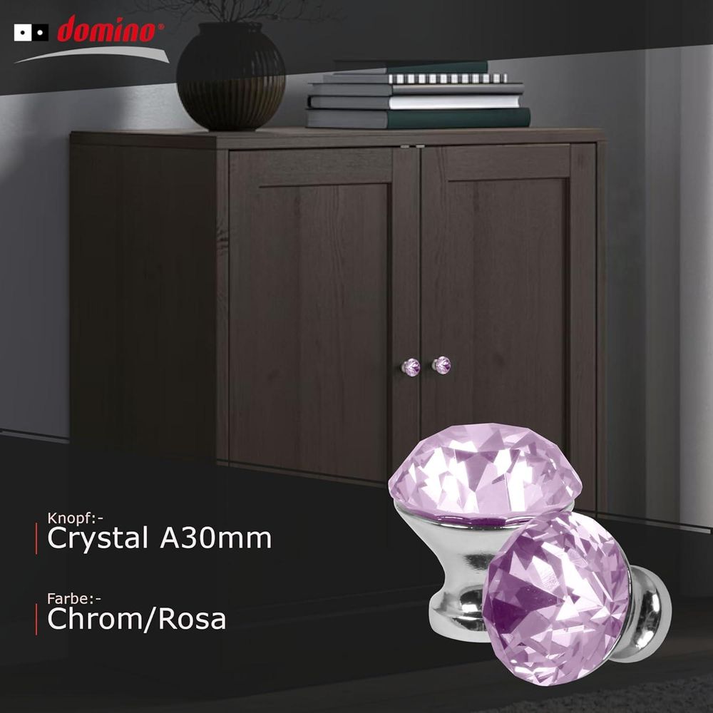Domino Elegante Crystal A Möbelknopf 30mm in Chrom & Rosa |Kristallknöpfe,  Robustes Glas-Design |Möbelknöpfe | Glamouröser Stil | Perfekt für Schränke und Kommoden