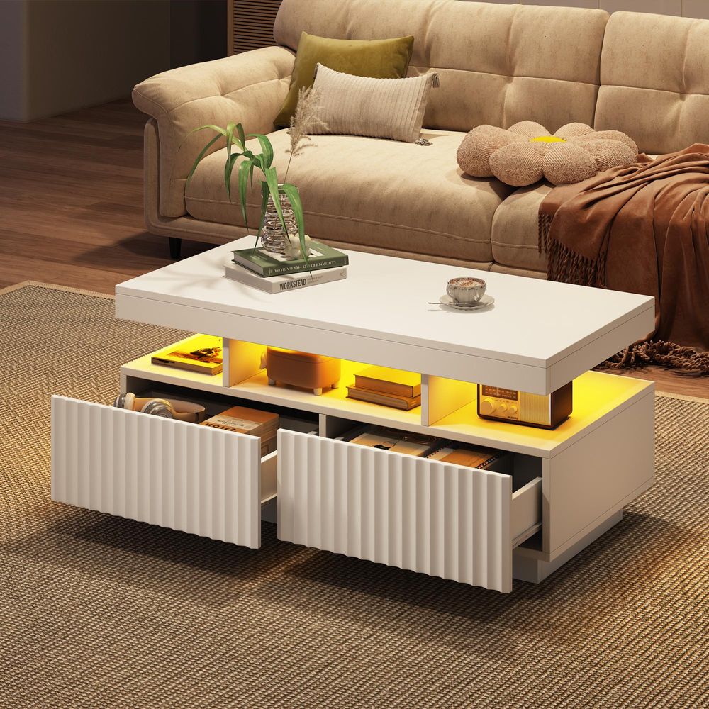Merax moderner Couchtisch mit LED und 2 Schubladen Wohnzimmertisch mit offenem Fach, Sofatisch vertikale Streifenoptik, vakuumgeformter Teetisch Weiß
