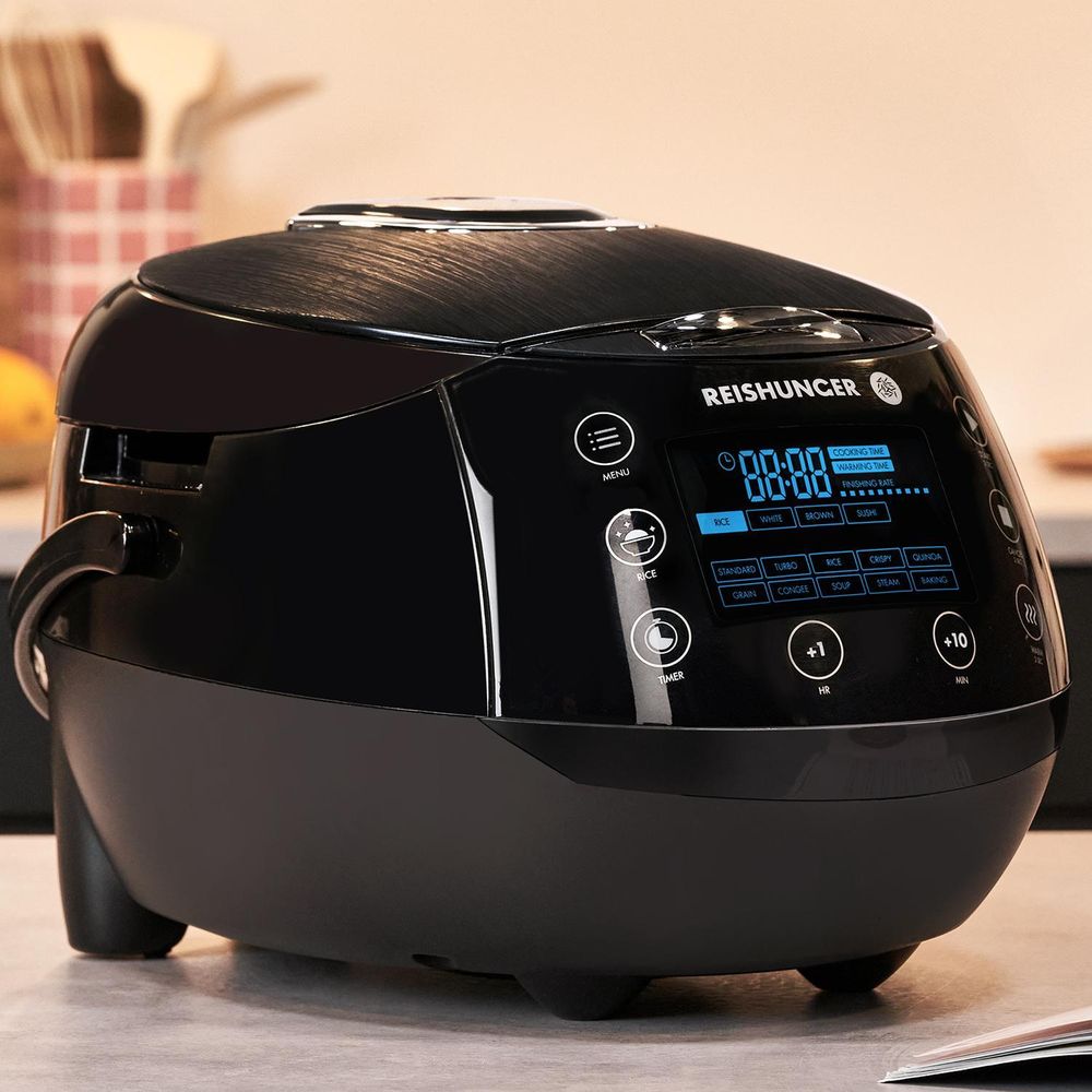 Reishunger Digitaler Reiskocher, Weiß (860W/1,5l) für bis zu 8 Personen, Multikocher mit 12 Programmen, Timer- und Warmhaltefunktion inkl. Reishunger Reiskocher Kochbuch