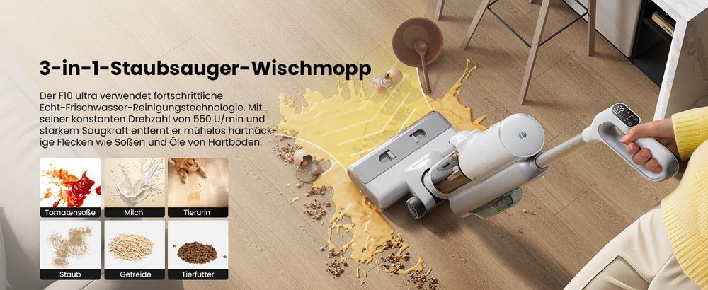 Proscenic FO10 Ultra P Nass- & Trockensauger 60 Min, Smart 3 in 1, Kantenreinigungsbürste,selbstwaschender/selbsttrocknender, für Hartböden, Tierhaare