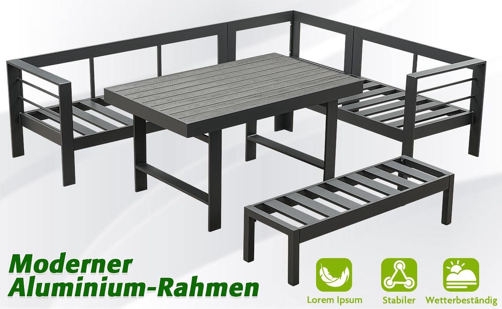 MEXO Gartenmöbel Set Aluminium 8 Personen, Modulares Gartenlounge-Set Gartensofas Ecklounge mit groß Tisch & Gartenbank, Wetterfest Outdoor-Loungesofa