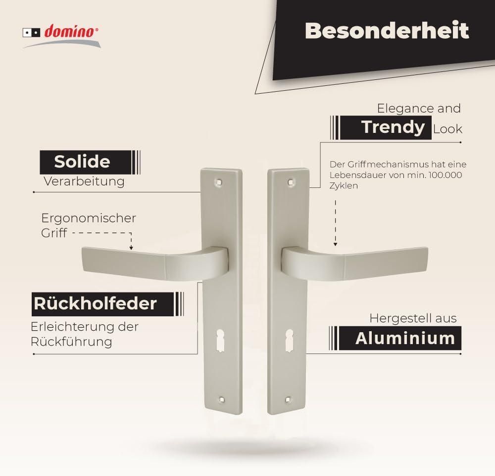 DOMINO Türgriff 72 Drückergarnitur BB-Buntbart Set | Langschildgarnitur | Türklinke für Zimmertür, Bürotür, Kellertür & Innentür | L-Form | Türbeschläge aus Aluminiuml | Satin Nickel Velvet Türdrückergarnitur |  FOKUS M91
