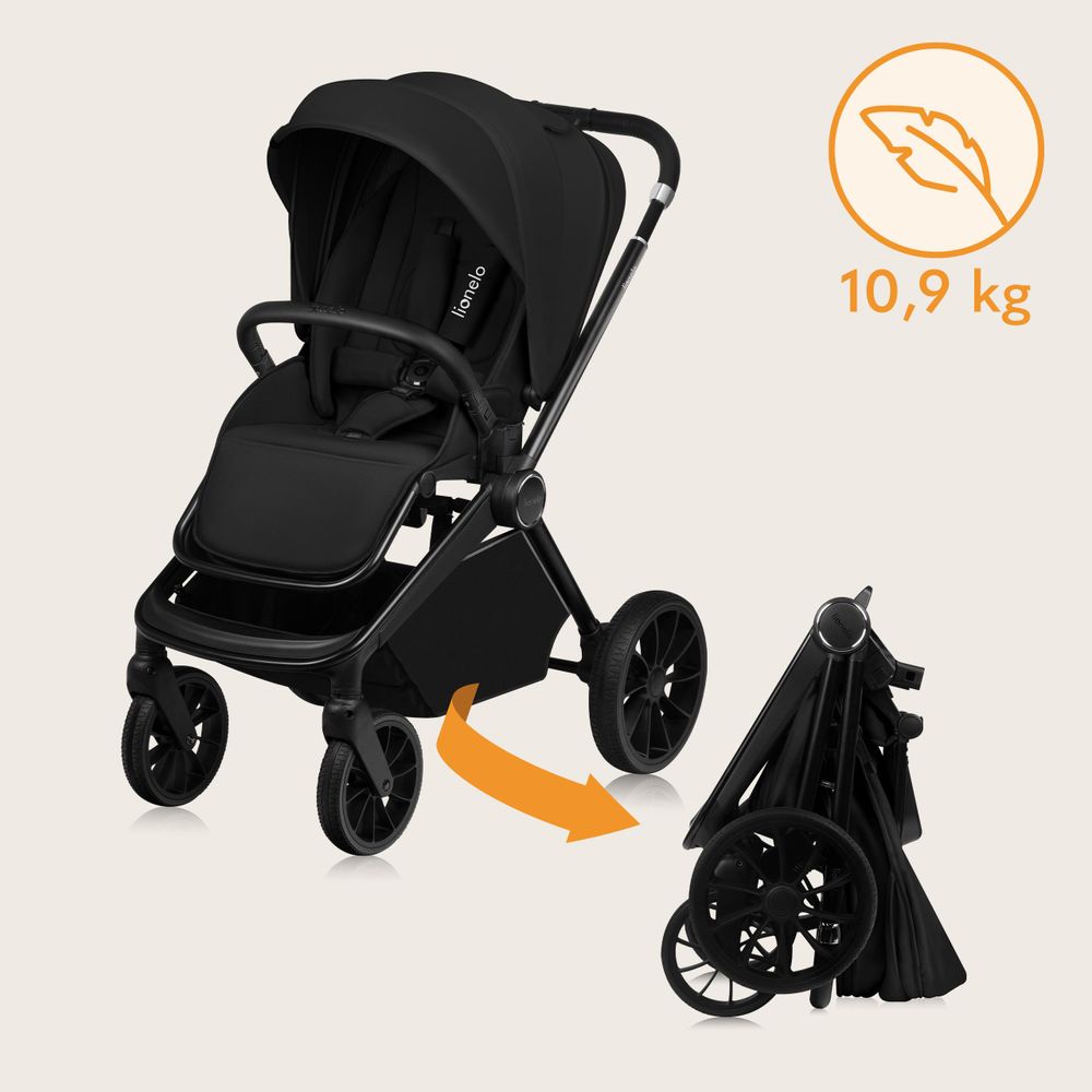 Lionelo Mika Plus Universal-Buggy bis zu 22kg Hohe Manövrierfähigkeit XXL-Verdeck mit UPF50+ Black Onyx