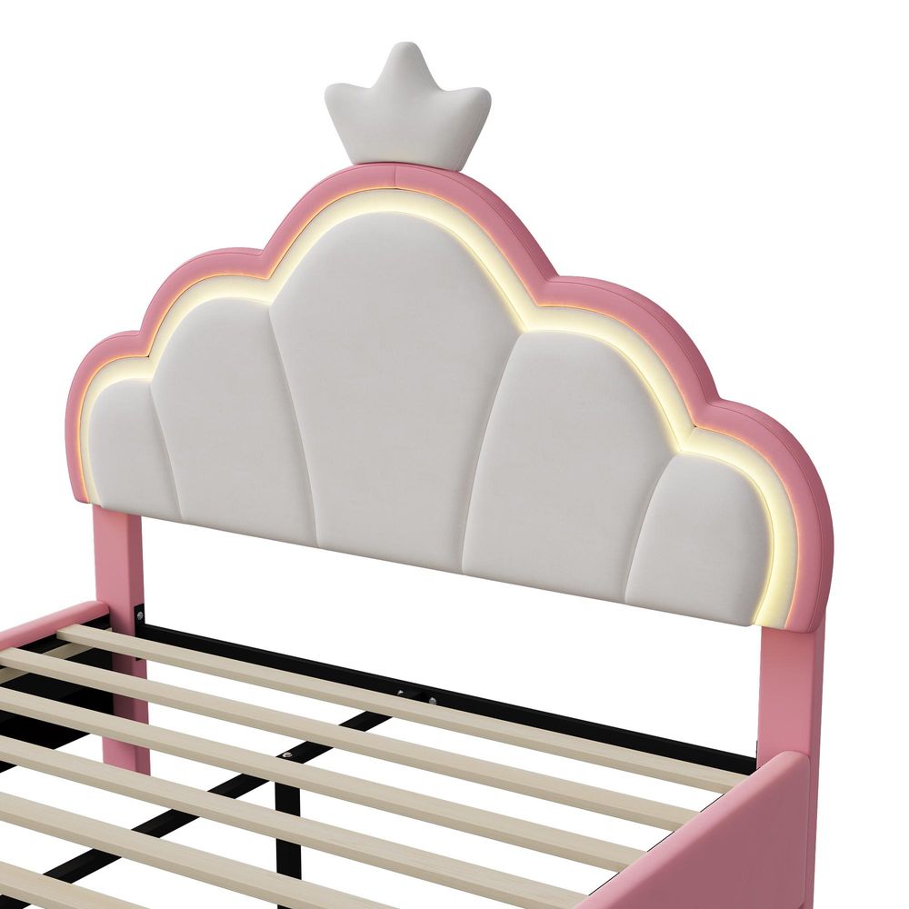 INONEFT Kinderbett 140x200 cm, Prinzessin-Polsterbett mit LED Beleuchtung, Mädchen Jugendbett mit verstellbarem Kopfteil, Kronen-Design, Samt Rosa