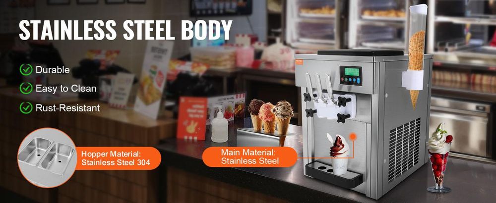VEVOR Kommerzielle Eismaschine, 1800 W, 3-Geschmacksrichtungen, Softeismaschine Arbeitsplatte, 2 x 4 L Trichter, 2 x 1,8 L Zylinder, LCD-Bildschirm, Automatische Reinigung, Vorkühlung